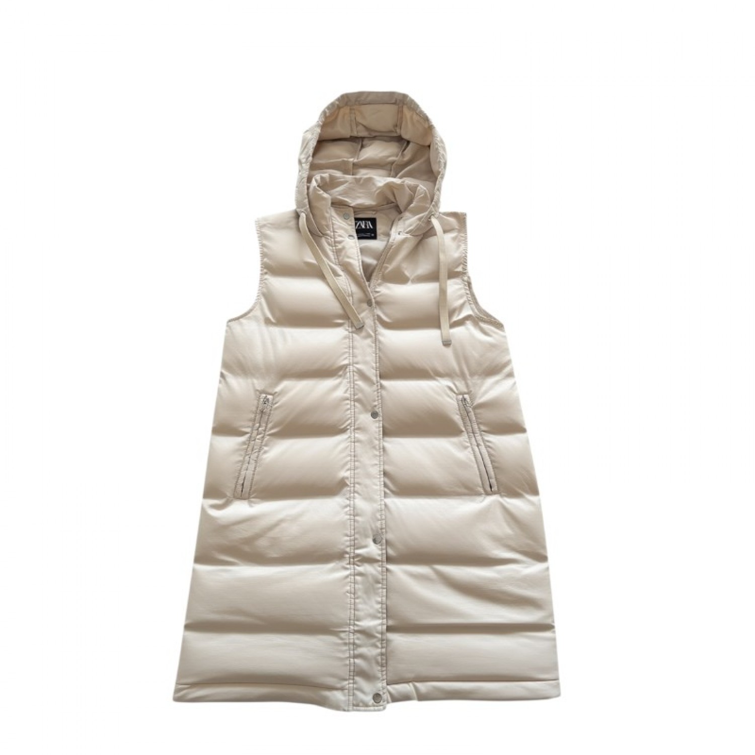 Zara Μπεζ Μακρύ Αμάνικο Puffer με Κουκούλα – Μέγεθος L / Pre-Owned