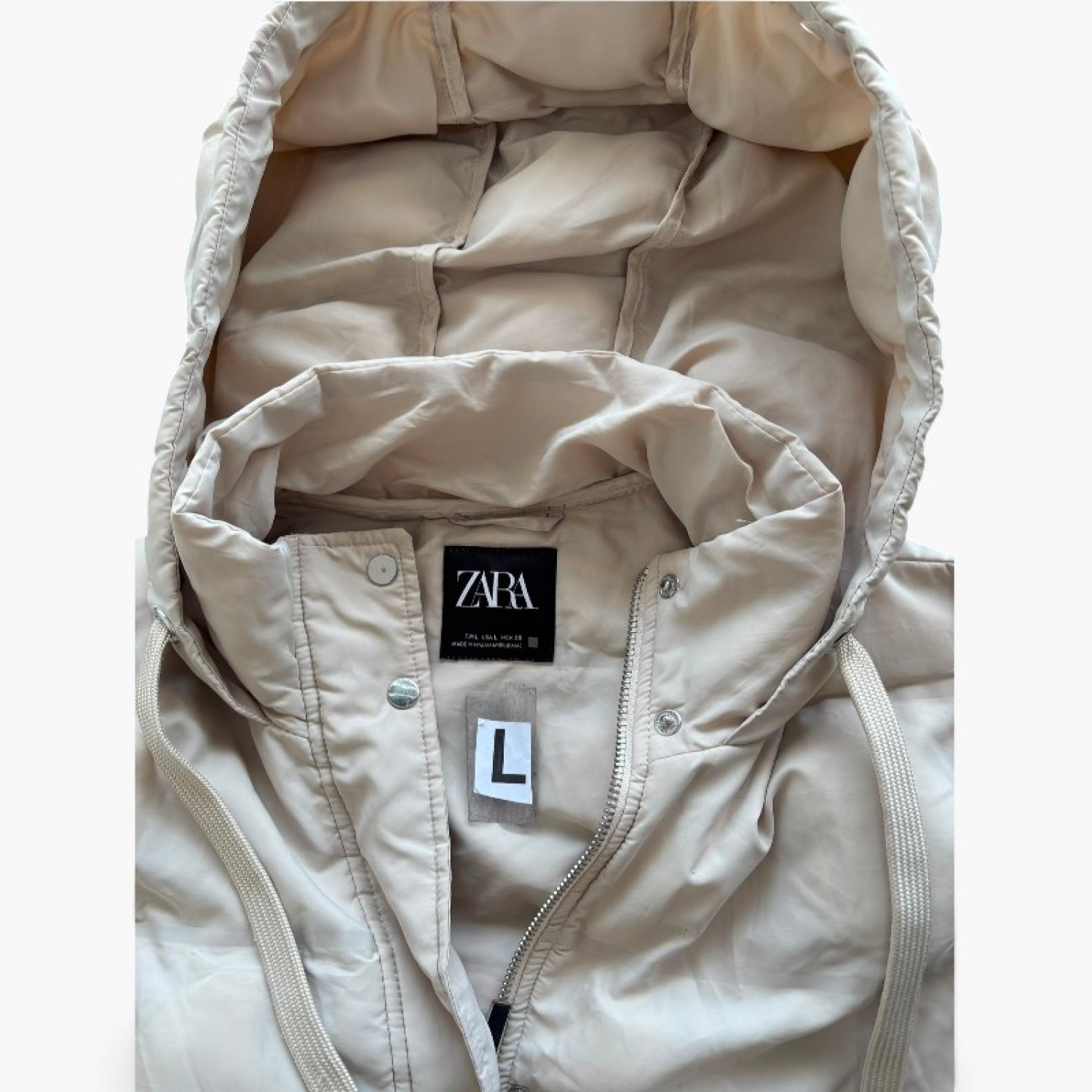 Zara Μπεζ Μακρύ Αμάνικο Puffer με Κουκούλα – Μέγεθος L / Pre-Owned
