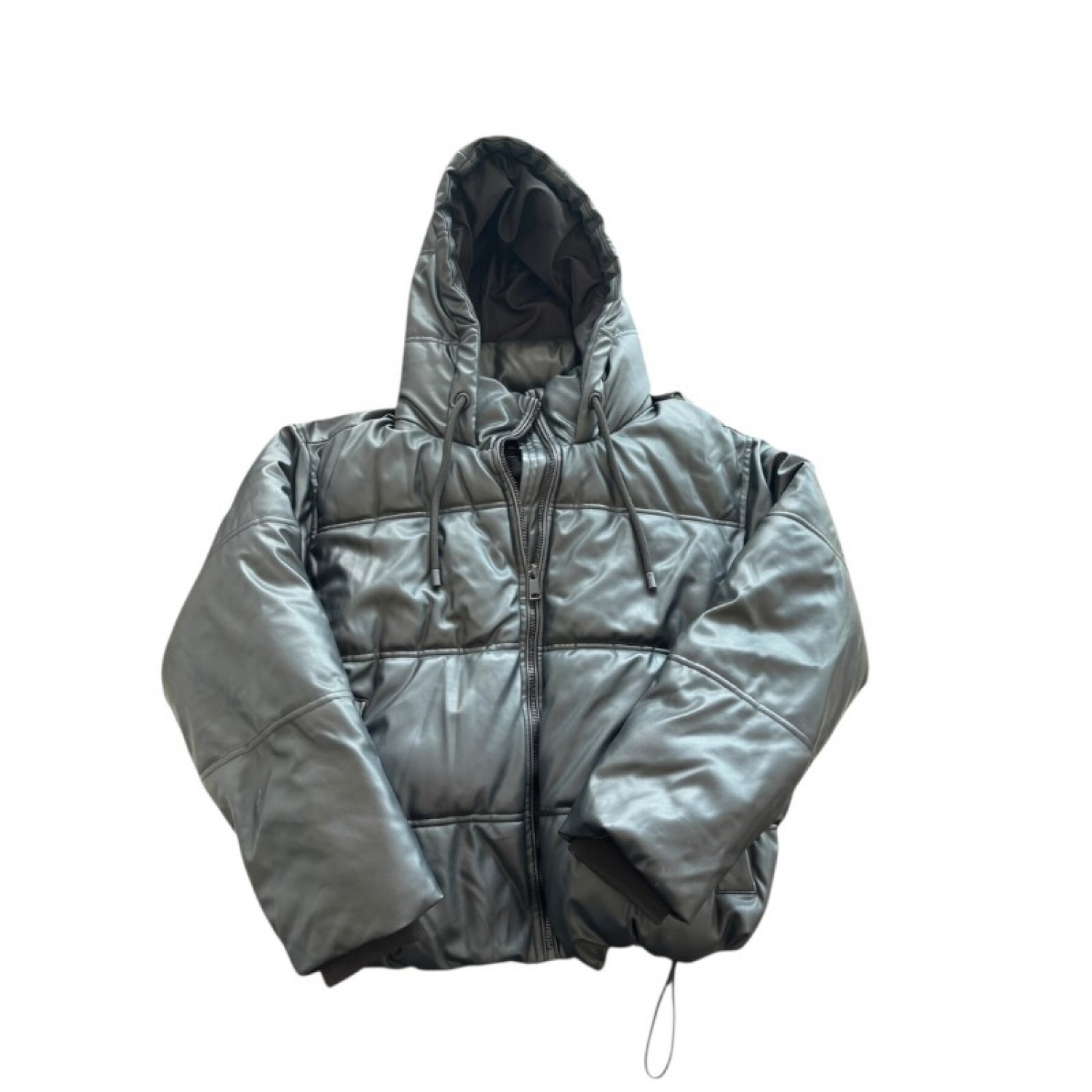 Zara Μαύρο Puffer Μπουφάν Δερμάτινης Όψης με Κουκούλα – Μέγεθος L / Pre-Owned