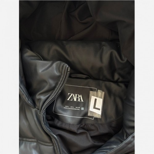 Zara Μαύρο Puffer Μπουφάν Δερμάτινης Όψης με Κουκούλα – Μέγεθος L / Pre-Owned