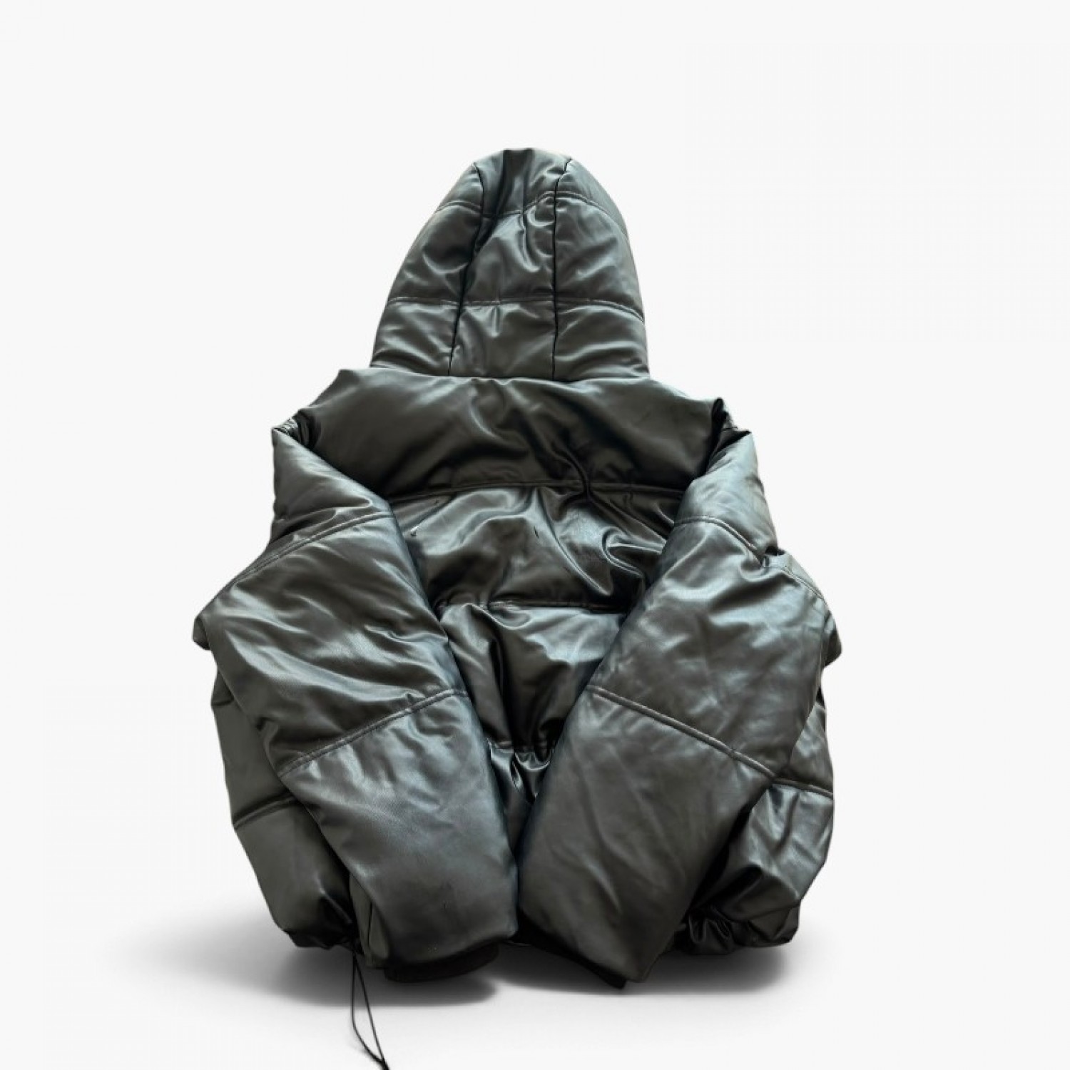 Zara Μαύρο Puffer Μπουφάν Δερμάτινης Όψης με Κουκούλα – Μέγεθος L / Pre-Owned