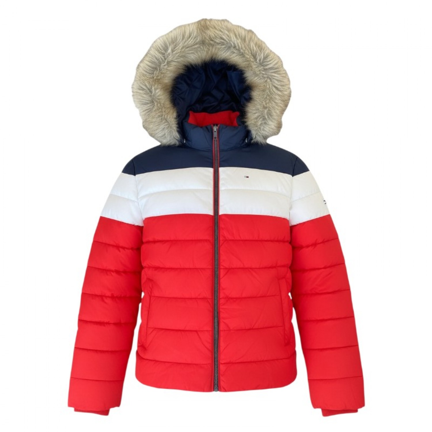 Tommy Jeans Κόκκινο Colorblock Puffer Jacket με Γούνα – Μέγεθος M / Pre-Owned