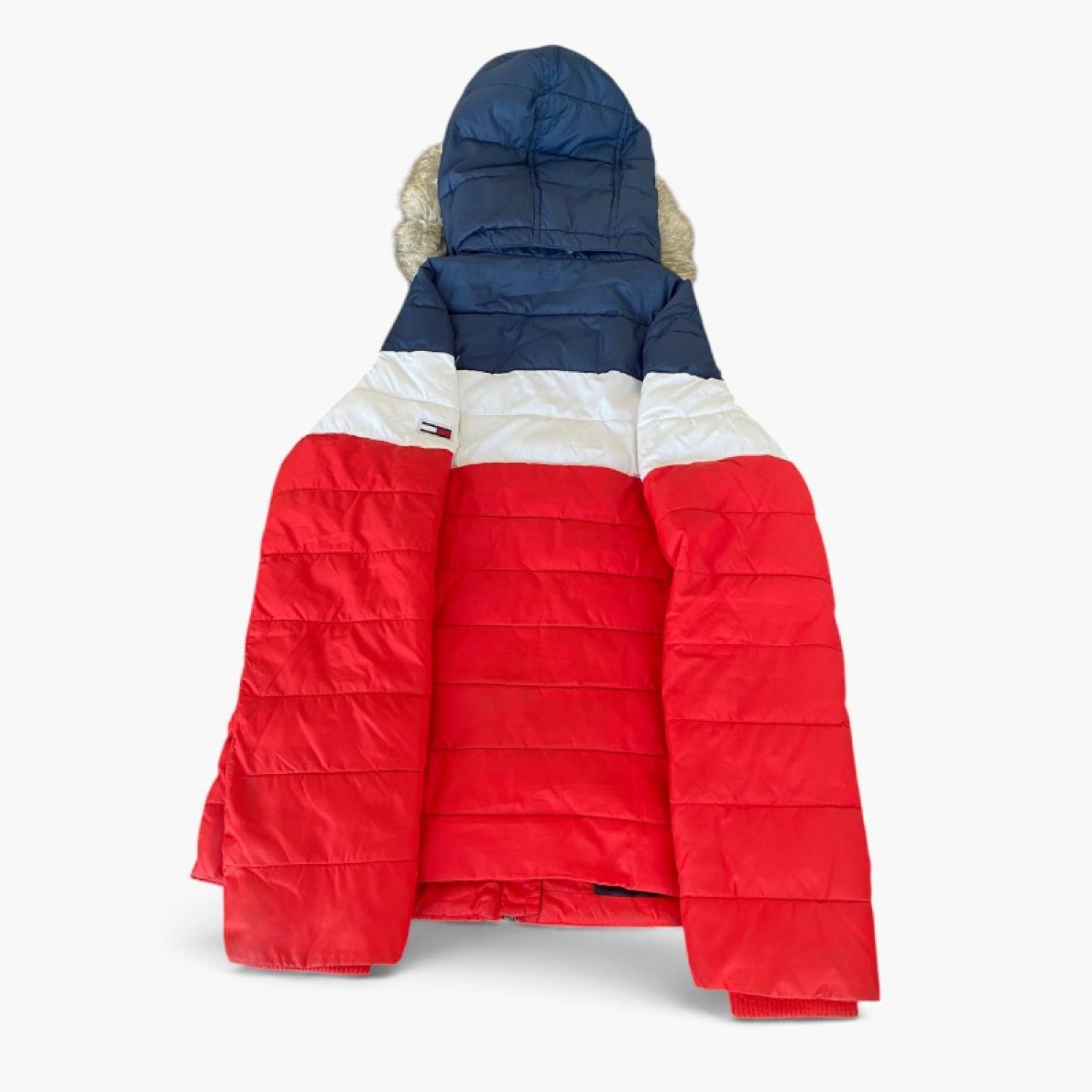 Tommy Jeans Κόκκινο Colorblock Puffer Jacket με Γούνα – Μέγεθος M / Pre-Owned