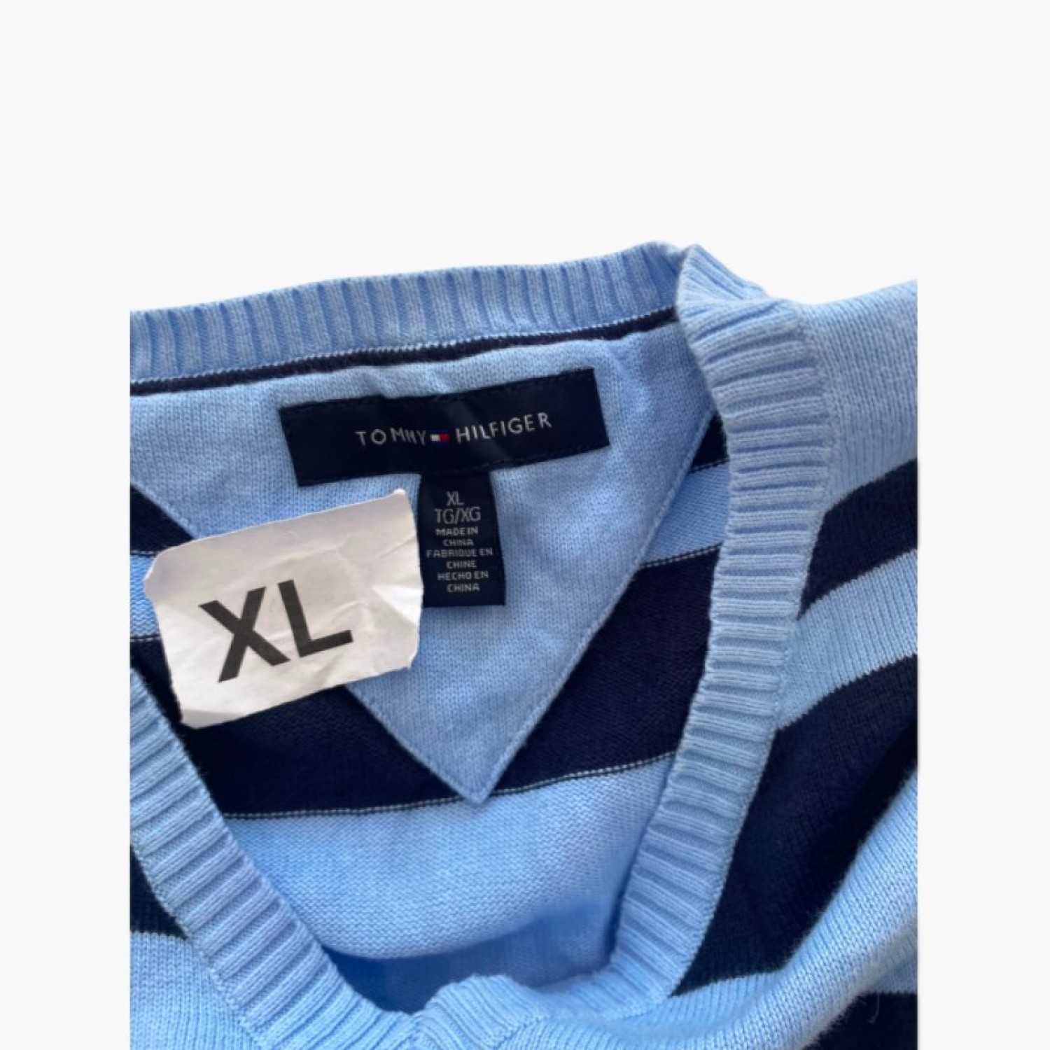 Tommy Hilfiger Light Blue & Navy Striped V-Neck Sweater / Pre-Owned