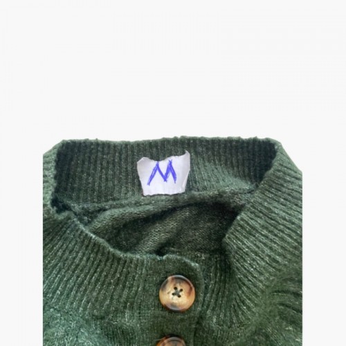 Green Button-Neck Knit Sweater — Size M / Pre-Owned