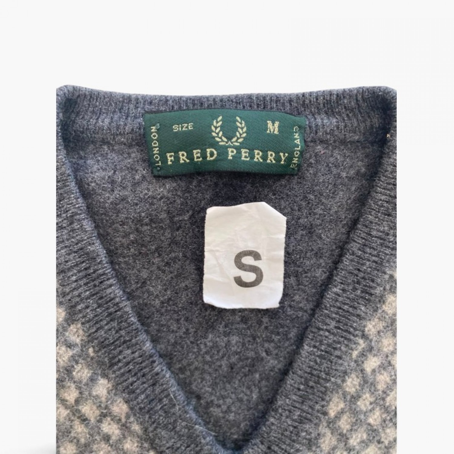 FRED PERRY M WOOL-BLEND PATTERNED V-NECK SWEATER VEST / Pre-Owned