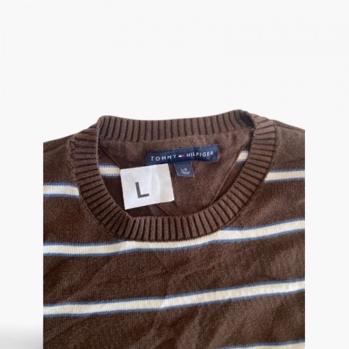 Tommy Hilfiger Ριγέ Crew Neck Πουλόβερ – Καφέ / Εκρού / Pre-Owned