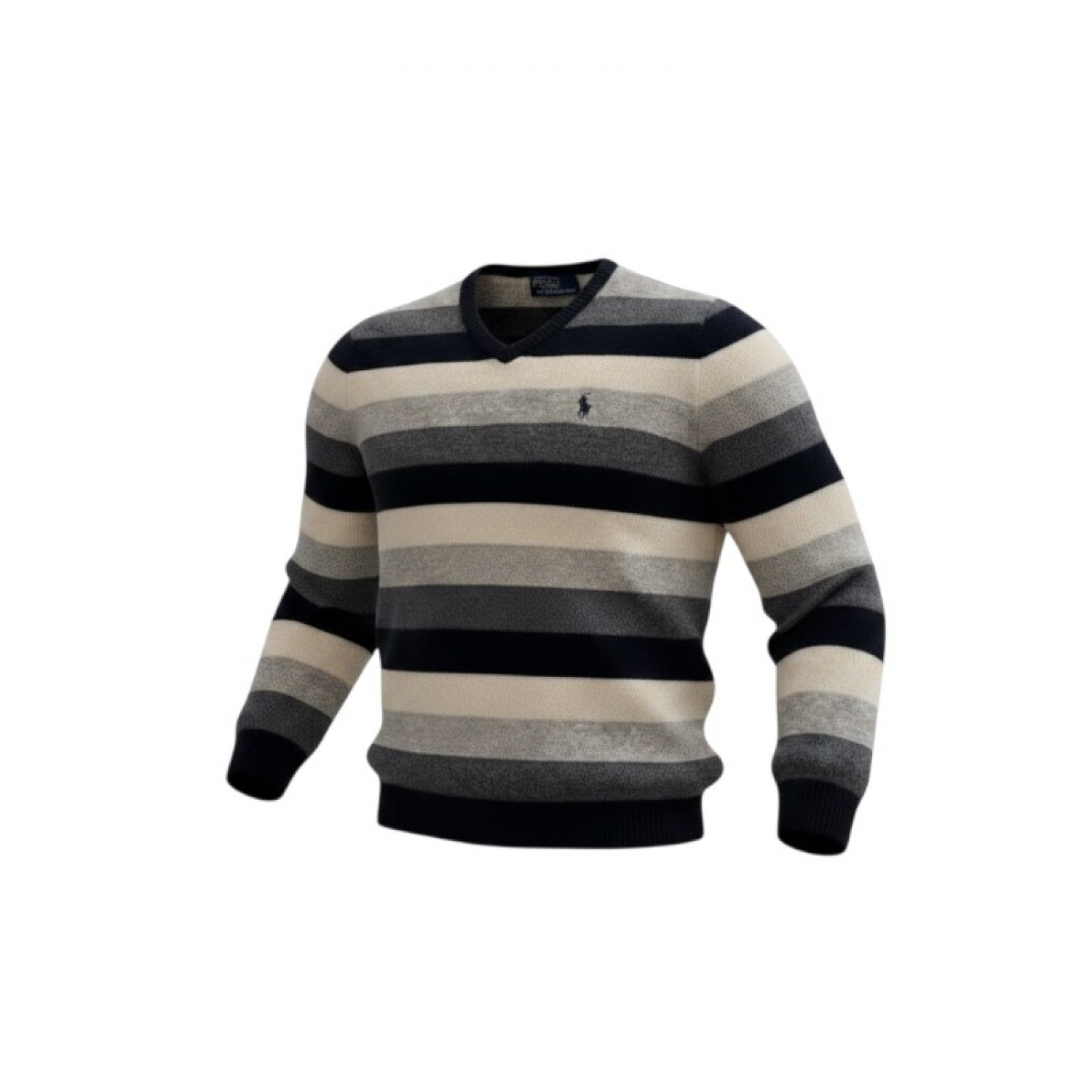 Polo Ralph Lauren Striped V-Neck Πουλόβερ Μαύρο Γκρι Εκρού S / Pre-Owned