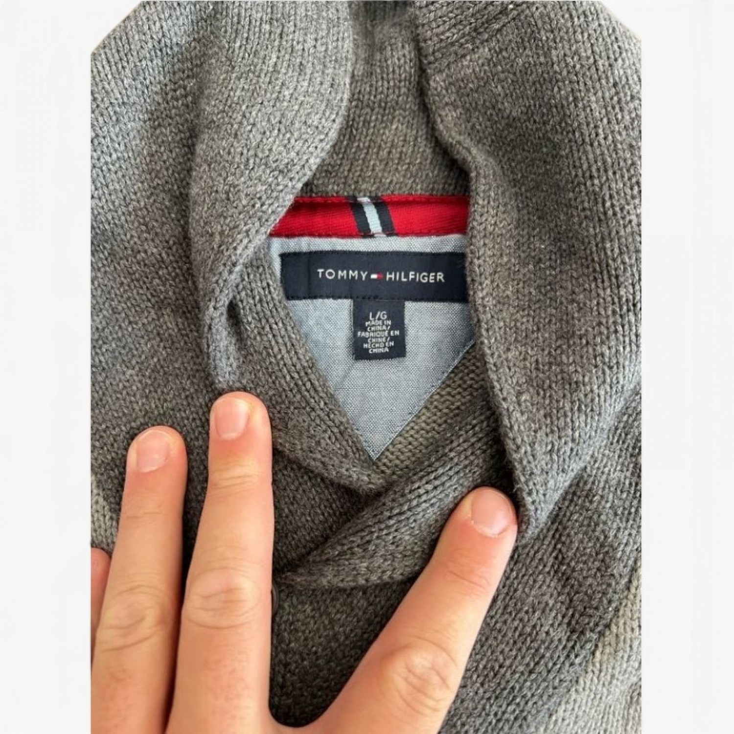 Tommy Hilfiger Shawl Collar Πλεκτό Πουλόβερ Γκρι L / Pre-Owned
