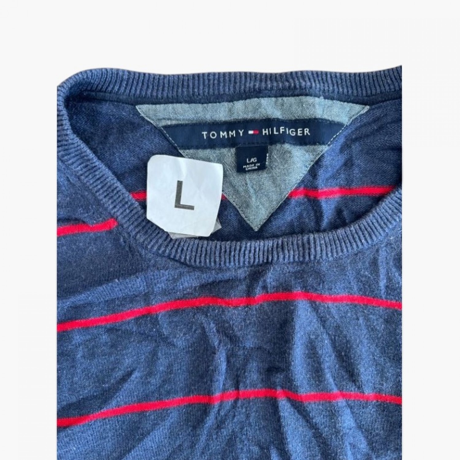 Tommy Hilfiger Striped Crew Neck Πουλόβερ Navy Κόκκινο L / Pre-Owned