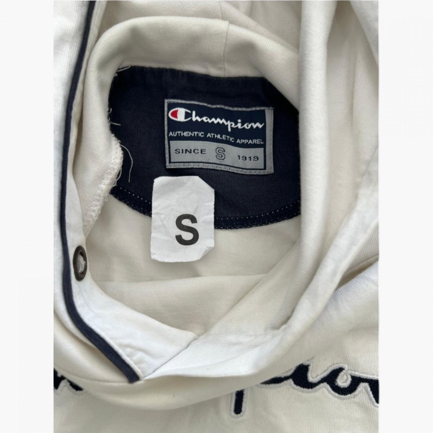 Champion Λευκή Hooded Μπλούζα με Μεγάλο Λογότυπο – Μέγεθος S / Pre-Owned