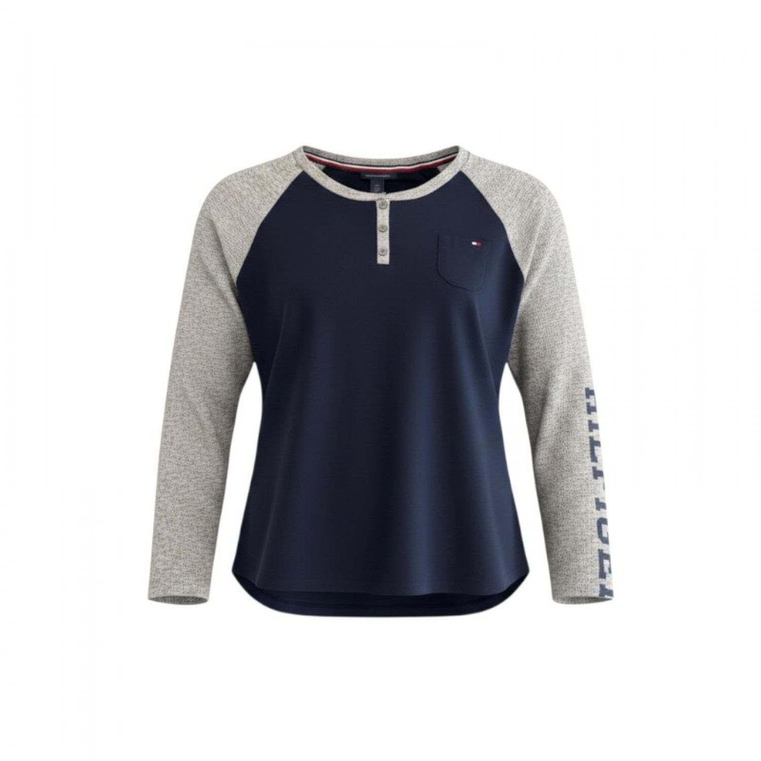 Tommy Hilfiger Γυναικεία Μακρυμάνικη Henley Μπλούζα Navy/Γκρι – Μέγεθος L / Pre-Owned