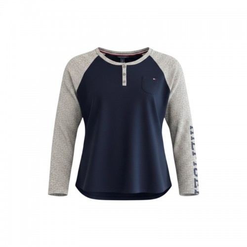 Tommy Hilfiger Γυναικεία Μακρυμάνικη Henley Μπλούζα Navy/Γκρι – Μέγεθος L / Pre-Owned