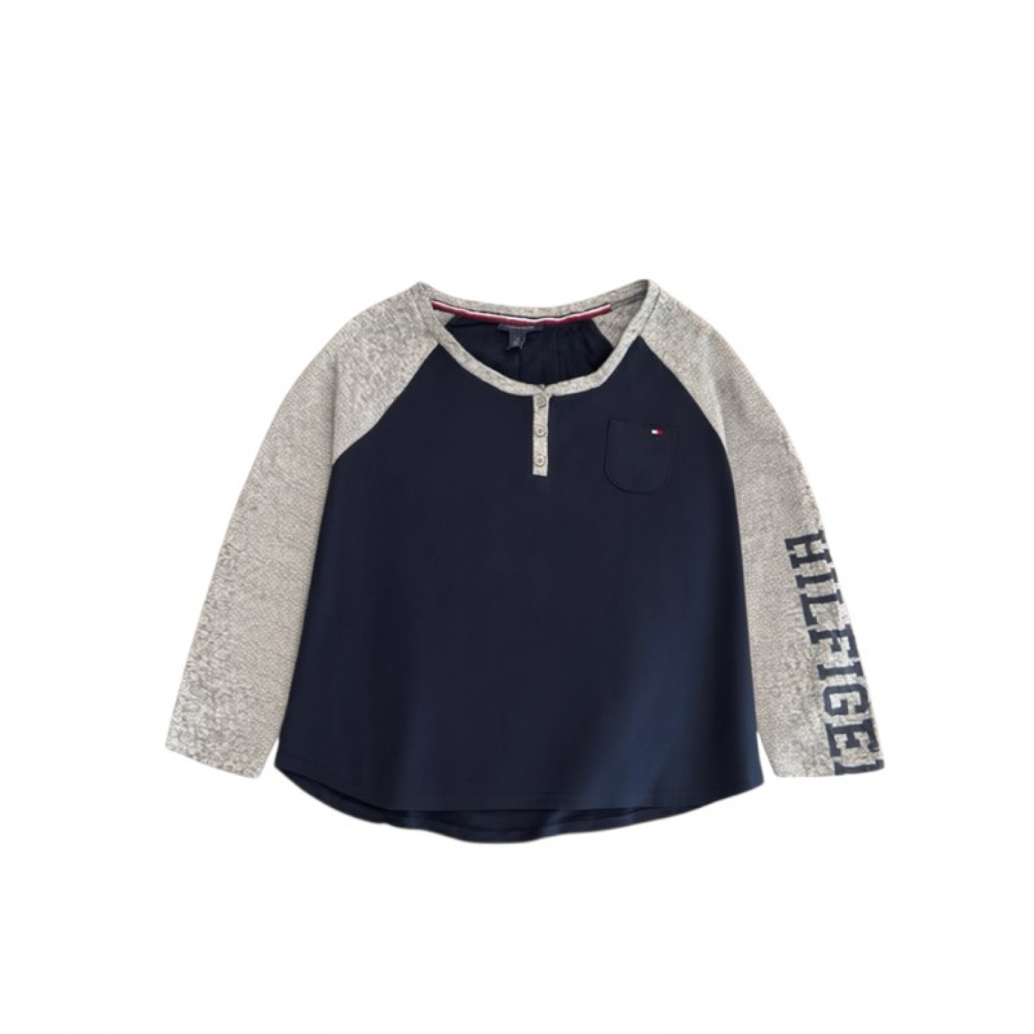 Tommy Hilfiger Γυναικεία Μακρυμάνικη Henley Μπλούζα Navy/Γκρι – Μέγεθος L / Pre-Owned