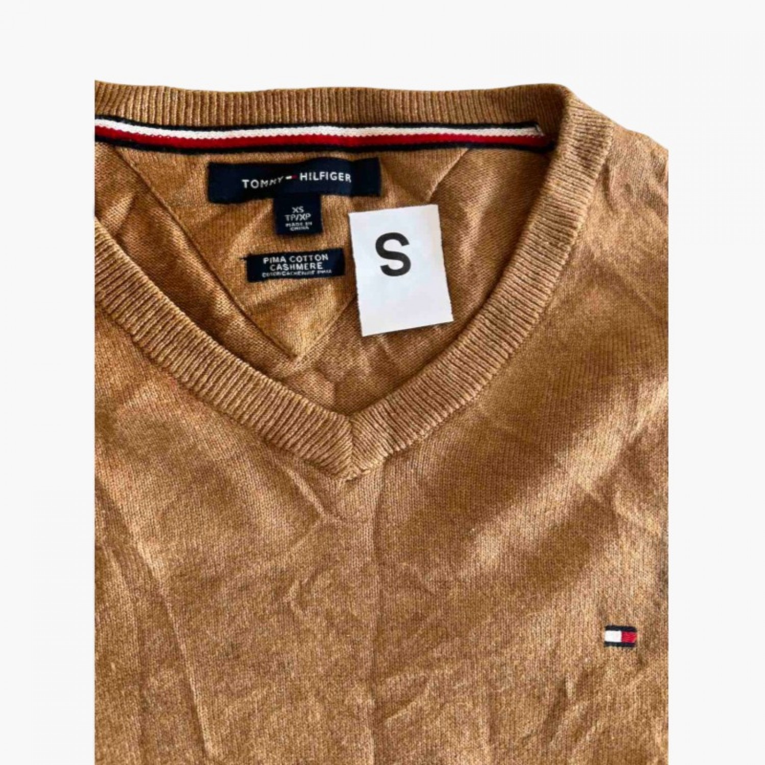 Tommy Hilfiger Pima Cotton Cashmere V-Neck Πουλόβερ Καφέ / Pre-Owned