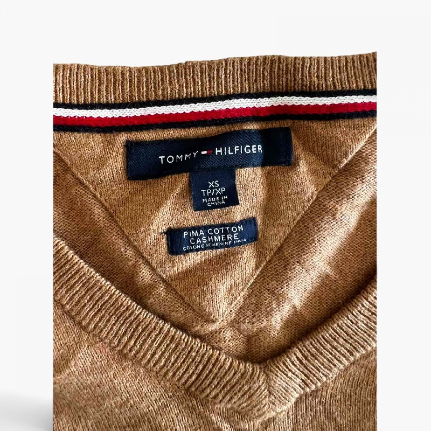 Tommy Hilfiger Pima Cotton Cashmere V-Neck Πουλόβερ Καφέ / Pre-Owned