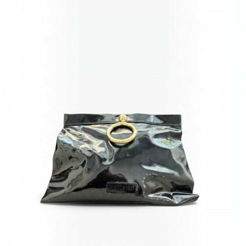 Moschino Μαύρο Clutch Λουστρίνι-Όψης με Χρυσαφί Κρίκο / Pre-Owned