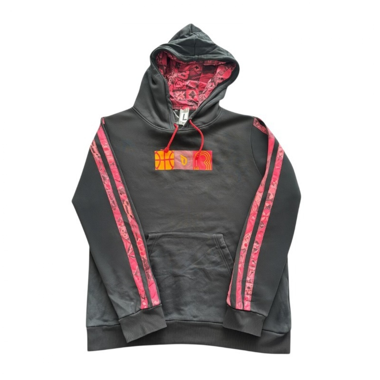Adidas Patterned Pullover Hoodie – Black & Red – L