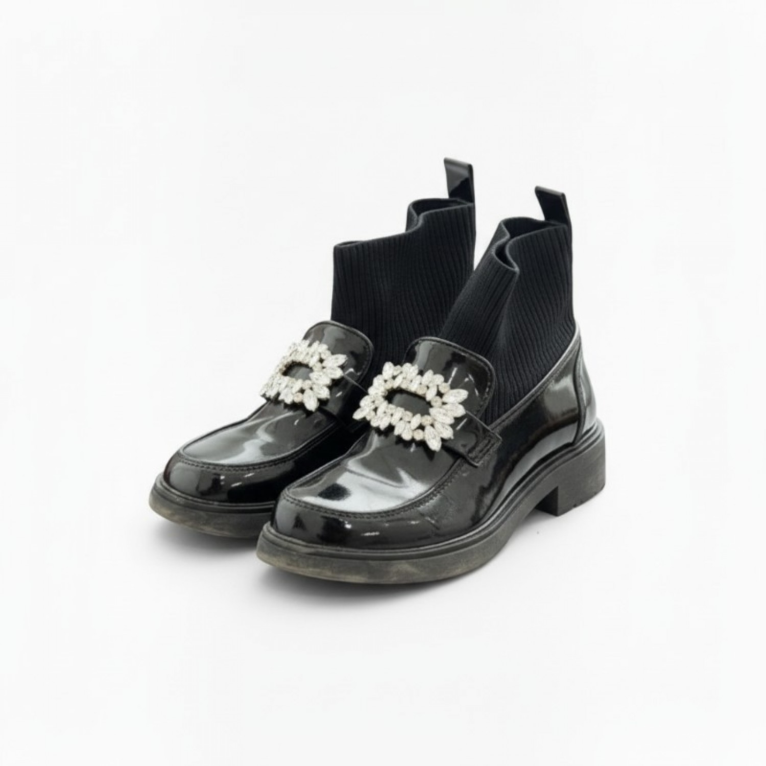 ΠΑΙΔΙΚΑ Μαύρα Λουστρίνι Sock Μποτάκια με Strass Αγκράφα – Μέγεθος 30 / Pre-Owned
