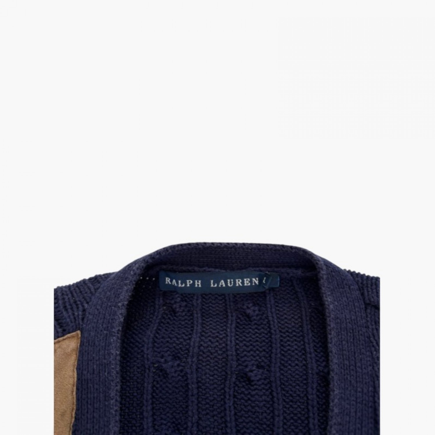 Ralph Lauren Cable Knit Cardigan Navy με Suede Patch – Μέγεθος L / Pre-Owned
