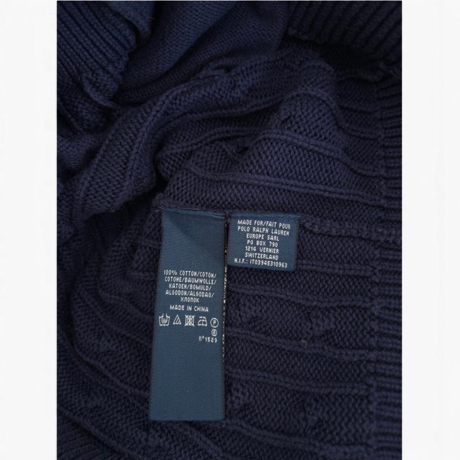 Ralph Lauren Cable Knit Cardigan Navy με Suede Patch – Μέγεθος L / Pre-Owned